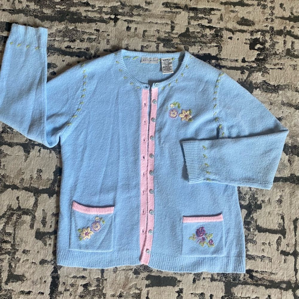 Vintage White Stag Baby Blue Embroidered Cardigan Womens Medium